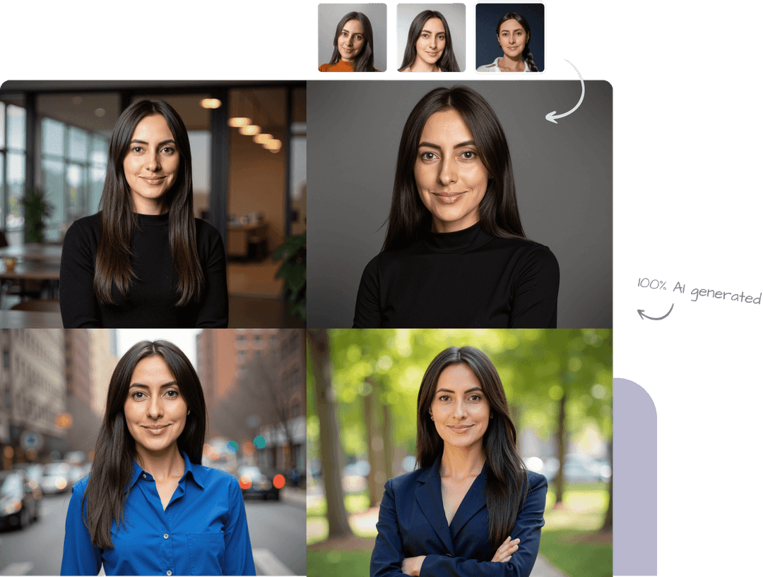Before and after photos of a woman turned into AI headshots created by HeadshotPro