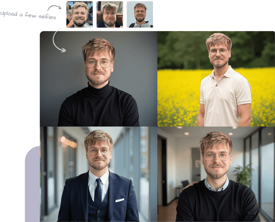 Before and after photos of a man turned into AI headshots created by HeadshotPro